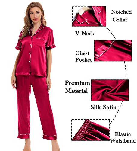 Image of SWOMOG Womens Silk Satin Pajamas Sets 4pcs Sleepwear Sexy Cami Shorts Set and Button Down Short Sleeve Pjs Loungewear