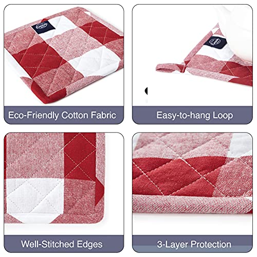 Image of Encasa XO Oven Microwave Pot Holders Trivets 21 cm (2 pc) for Kitchen Cooking & Baking - Heat Resistant, Thick & Safe, Protection of Hands from Hot Utensils, Grill, BBQ - Buffalo Red Checks