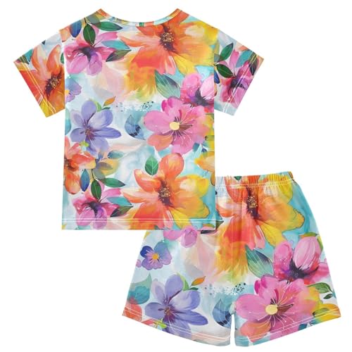 ALAZA Watercolor Blossom Floral Leaf Pajamas Short Sleeve 2 Piece Sleepwear Top and Bottom Pajama Set Unisex2