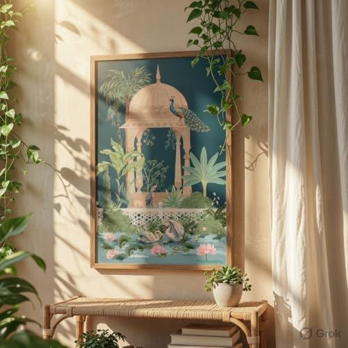 Image of Livin'luxe Royal Peacock Garden Wall Painting with Wooden Frame | Mughal Style Nature Artwork HD UV Laminated MDF Wall Decor | Elegant Peacock Botanical Art for Living Room Bedroom Decor