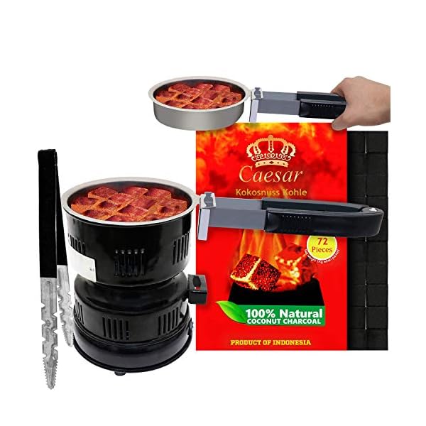 Caesar | 1KG | Premium Kokosnuss Naturkohle für Shisha & BBQ [Shisha Kohle] 2.5 cm | 72 Stück inkl. Blitz 02…
