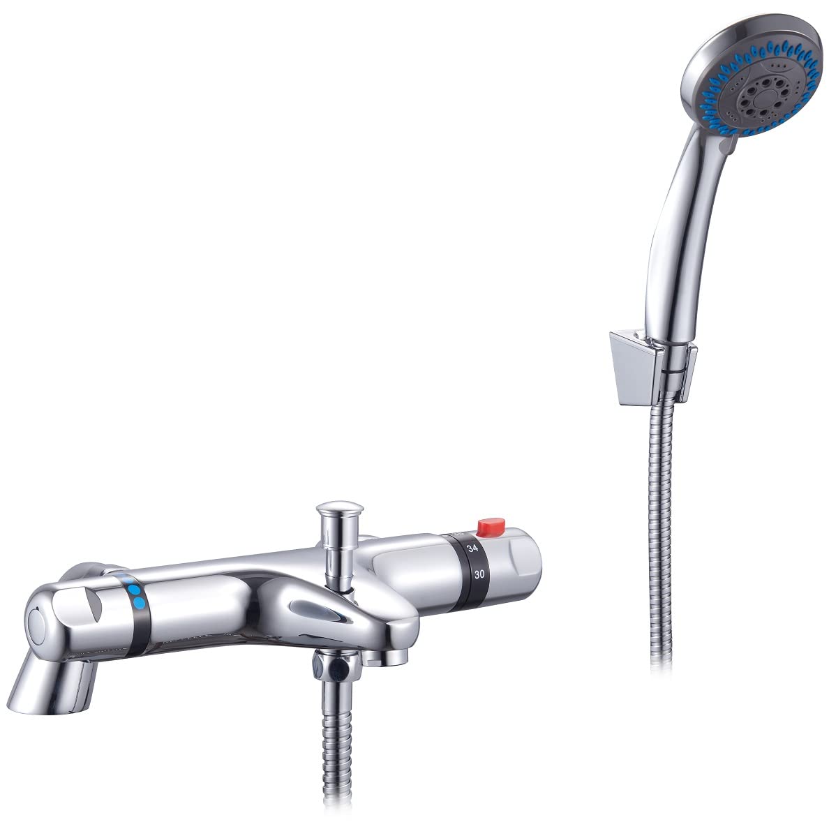 ™ Bateria termostatyczna do wanny i natrysku z zestawem prysznicowym do łazienek, chromowana, montowana na blacie, z dolnym wyjściem G1/2", 38°C, blokada bezpieczeństwa, antyoparzeniowa, mosiężna, n