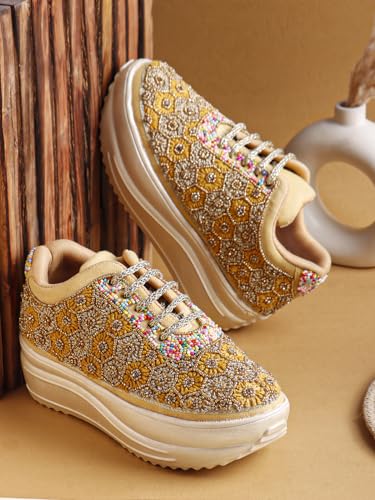 Image of Vendoz Women Hand Embroidery Wedding Party Bridal Floral High Heel Sneakers I Cushioned Insole I Comfortable Wear Wedge Shoes I for Ladies and Girls