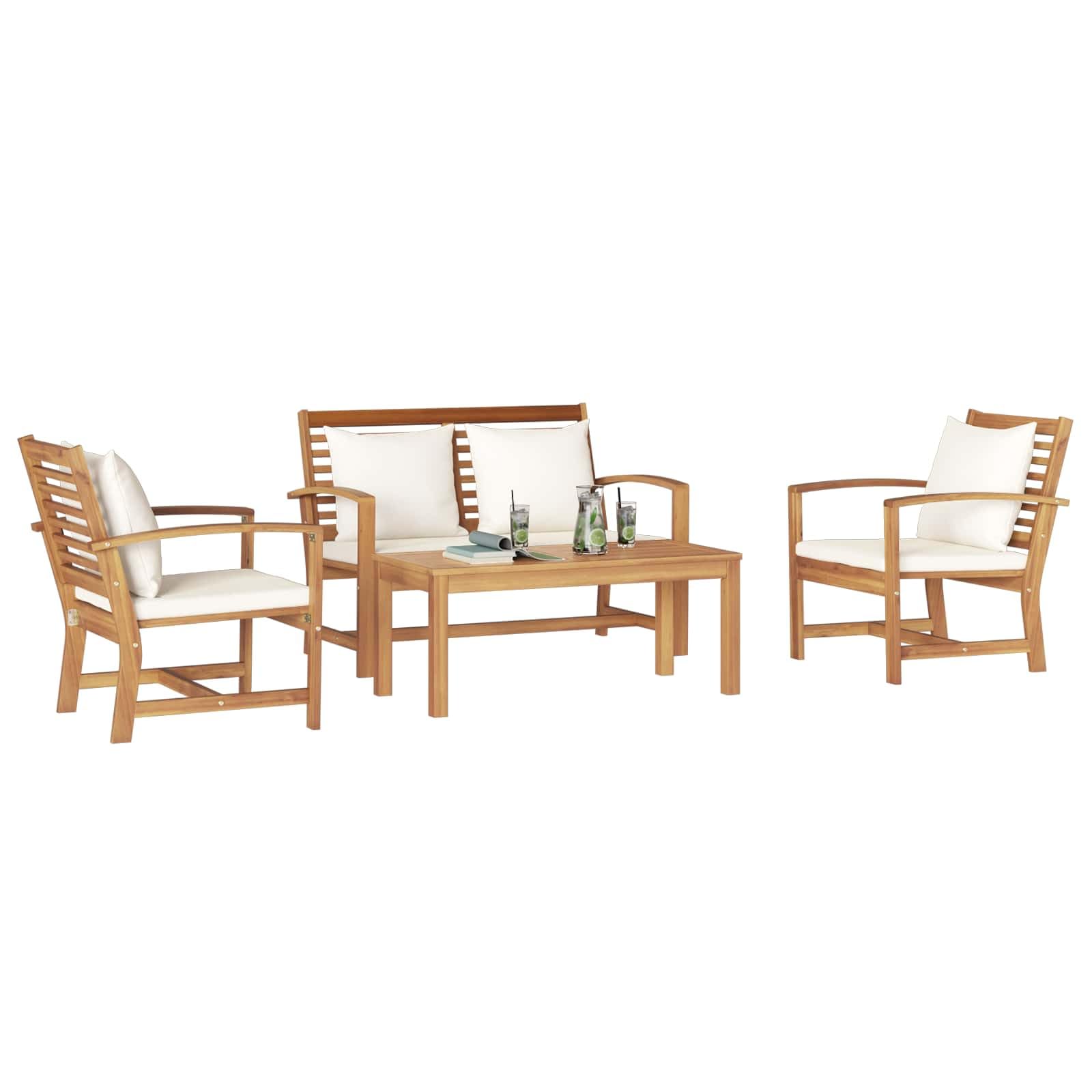 Ensemble de Jardin 5 Pièces en Bois de Teck Massif, Salon de Jardin Naturel avec 4 Fauteuils et 1 Table Basse pour Terrasse et Balcon, Design Moderne et Confortable