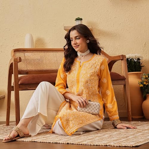 Image of Ada Lucknow Chikankari Hand Embroidered Faux Georgette Kurta Kurti Tunic Dress for Women A95504