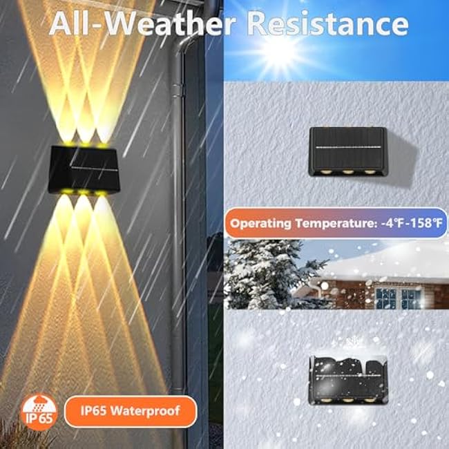 Solar Fence Lights Outdoor - 3000/4000/6000K & 8 RGB Colors, IP65 Waterproof LED Outdoor Wall Lights Solar Powered, 150 Lumens Up & Down Lighting for Backyard, Patio, Porch, Deck, Wall, 4-Pack