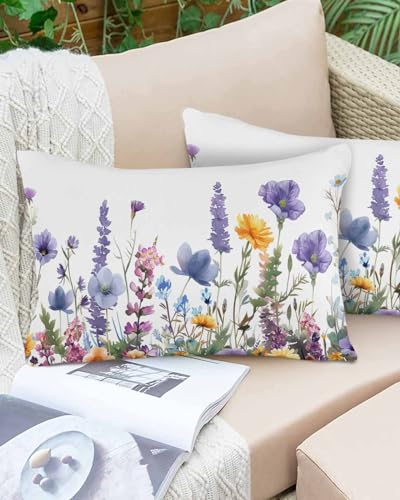Boanket Lumbar Pillow Covers 12 x 20 in, Spring Floral Waterproof Throw Pillow Cover Set of 2, Purple Flowers Colorful Summer Botanical Home Decorative Rectangle Cushion Covers for Patio/Couch/Garden