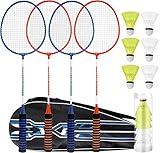 trounistro Badminton Set, 4 Spieler Badmintonschläger mit 6 Plastikkugel, Federballschläger und Tragetasche Komplettes Federball Set für Erwachsene, Anfänger, Kinder (Zweifarbig)