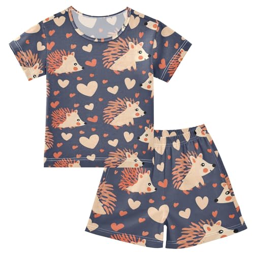 ALAZA Hedgehog Love Heart Blue Pajamas Short Sleeve 2 Piece Sleepwear Top and Bottom Pajama Set Unisex