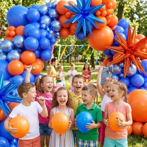 Image of Blue and Orange Balloon Arch Kit, 151Pcs Royal Blue Metallic Blue Orange Balloon Garland kit, Different Size Balloons for Girl Birthday Anniversary Baby Shower Graduation Party Decorations