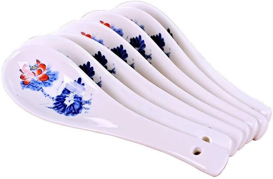 Scoop 7 Pieces Ceramic Spoon with Blue Pattern Design Tea Spoons, Table Spoons, Dessert Spoons Asian Spoon, 5.3 Inches Long Soup Spoon