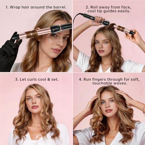 Image of Hahahope 1 Inch Ceramic Curling Wand, Long Barrel Hair Curler for Medium to Long Hair, Clamp-Free for Loose Waves, 2 Heat Settings, Dual Voltage 100-240V, Professional Hair Curler with Glove