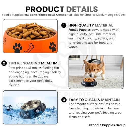 Image of Foodie Puppies Stainless Steel Dog Bowl Combo - (Medium, 700ml) Food and Water Feeding Gift Bowl | Suitable for Dogs, Cats and Other Pets I Paw Bone Print, Anti-Skid Rubber Base (Black + Orange)