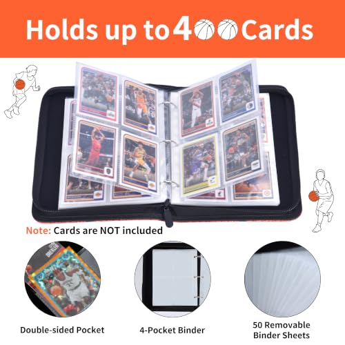 Image of 4 Pocket Basketball Card Binder with Zipper, Holds 400 Cards | 50 Removable Acid-Free & PVC-Free Card Pages, Durable PU Leather Cover for Long-Term Card Storage and Protection