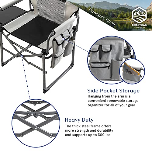 Coastrail Outdoor Extra Compact Directors Camping Chair Portable Folding Chair With Large Side Table & Cup & Phone Holder, Breathable Mesh Back, Storage Pockets And Handle,Free Bonus Carry Bag,Grey #TOP5