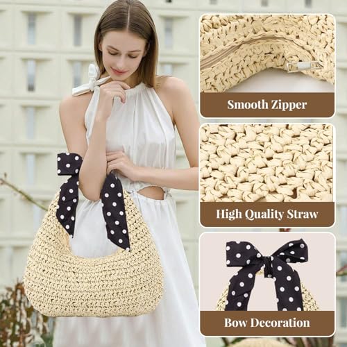 YouNuo Straw Bag for Women, Summer Beach Tote Purse with Zipper, Raffia Woven Bag, Tote Handbag with Ribbon for Travel, Small4