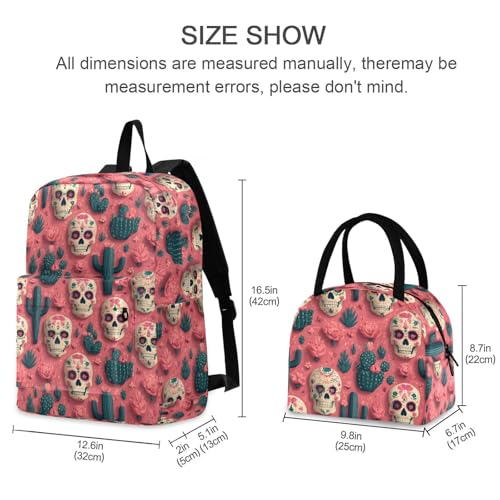 Sugar Skull Cactus Print Backpack Set with Lunch Bag, Large Capacity Travel Backpacks and Lunch Box Insulated for Commute Hiking Picnic2