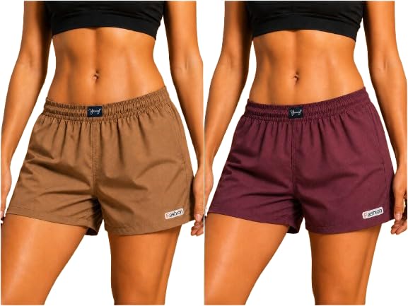 Women's Cotton Blend Sports Shorts Pack of 2 (Brown & Maroon) | Elastic Waist Running Shorts | Casual Gym Yoga Activewear Shorts for Women-picture-41