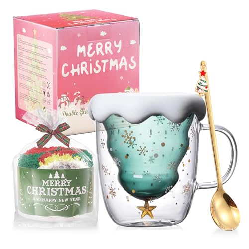 Weihnachten Geschenke für Frauen Weihnachtsbaum Kaffeetassen Weihnachten Becher Süße Tassen Kaffeeglas Doppelwandige Glas Lsolierglas Personalisierte Geschenk für Frauen Kinder Mädchen Beste Freundin