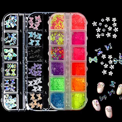 3 Boxes 3D Butterfly Nail Charms Flowers EUUPS Nail Art Set of 24 Colors Nail Stud and 12 Colors Nail Sequins Glitter Decals Flakes, Colorful Nail Art Accessories Supplies Designs for DIY Crafting