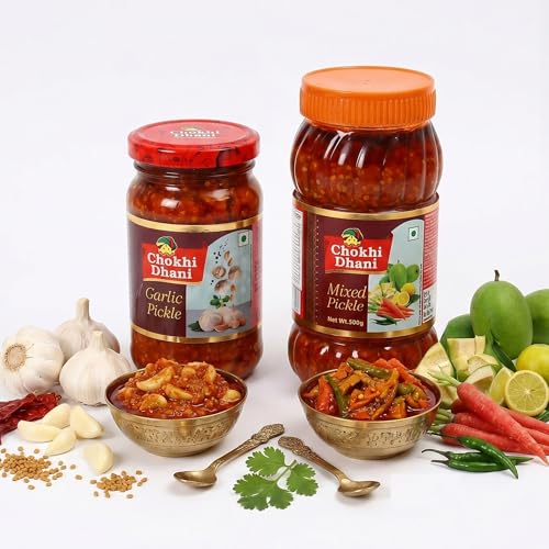 Image of Chokhi Dhani Pickle Combo 700g | Mixed Pickle 500g + Garlic Pickle 200g | Rajasthani Achar Combo | Spicy & Tangy | No Preservatives | Homemade Style
