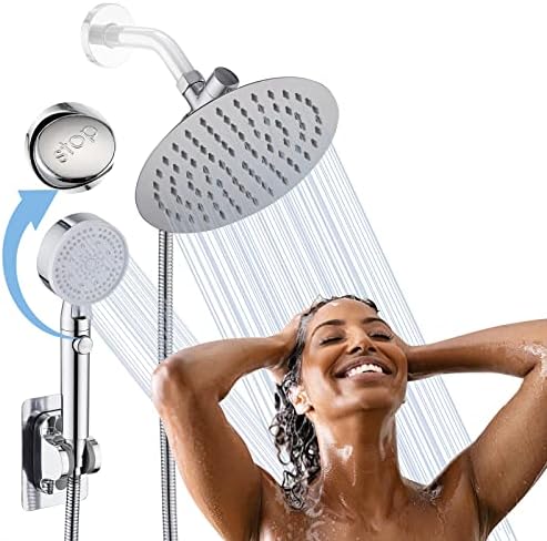 PROOX Dual Shower Head with Handheld Combo, High Pressure Round 8'' Rain Shower Head with Handheld ON/OFF Switch Button with 72 inch Extra Long Flexible Hose - Chrome
