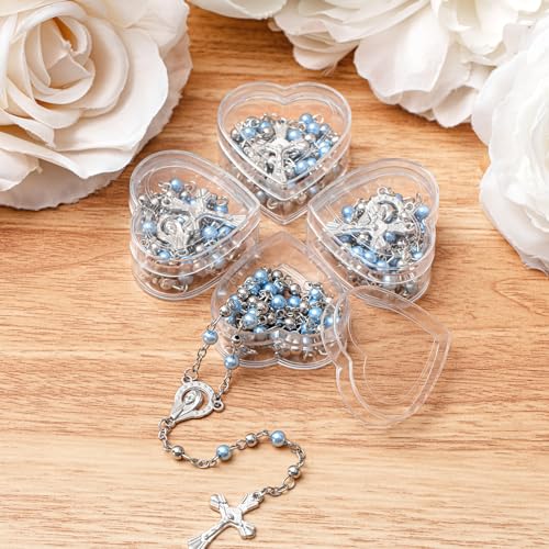 ROCEEI Catholic Rosary Necklace 4 mm Glass Beads Rosary Favors Crucifix Prayer with Faux Pearl with Heart Shaped Box and Organza Bag for First Communion Baptism3