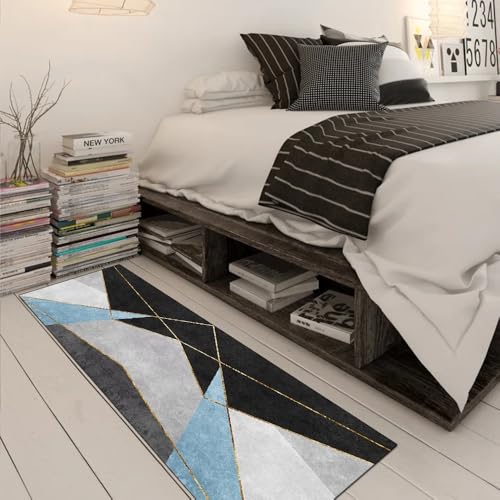 Alfombra pasillera lavable y antideslizante con diseño patchwork gris y azul 3