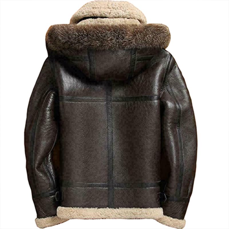 Men Real B3 Leather Shearling Sheepskin Raccoon Fur Detachable Hood RAF Winter Jacket2