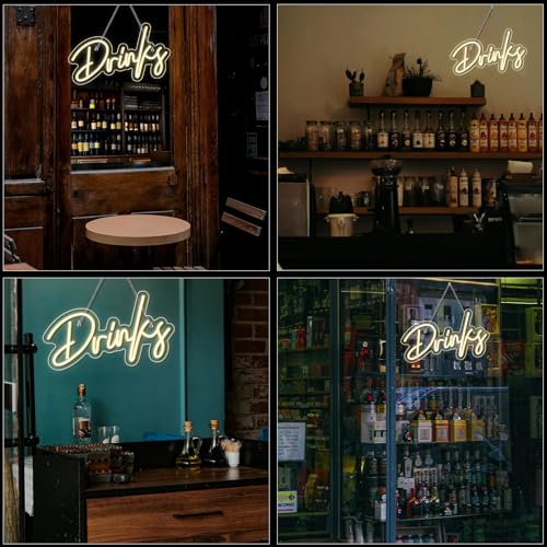Image of Looklight Drinks Neon Sign,Letters Bar Neon Light,Led Neon Signs for Wall Decor,Warm White Neon Light Sign,USB Light Up Sign for Kitchen Restaurant Bar Cart Accessories Christmas