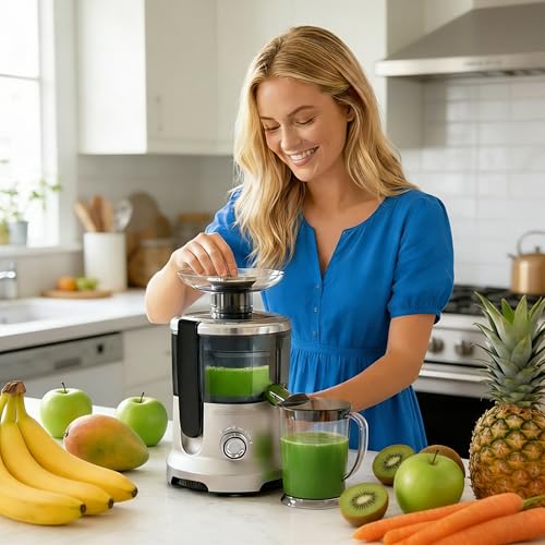 Image of Simple Deluxe Centrifugal Juicer Machines, 500W Centrifugal Juicer Extractor with 2 inch Feed Chute for Fruit Vegetable, Electric Juicer with 3-Speed Quick Juicing, Easy to Clean, BPA-Free, Silver