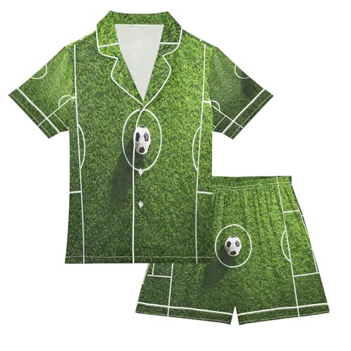 ALAZA Football Field Green Grass Satin Pajamas Set Short Sleeve Button Down Sleepwear Summer Pjs 2 Piece