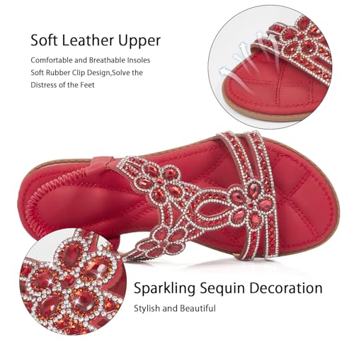 Image of iCKER Womens Rhinestone Strappy Flat Sandals Elastic Ankle Strap Open‑Toe | Sparkling,for wedding,party,evening dates,special occasion,Vacation,Formal