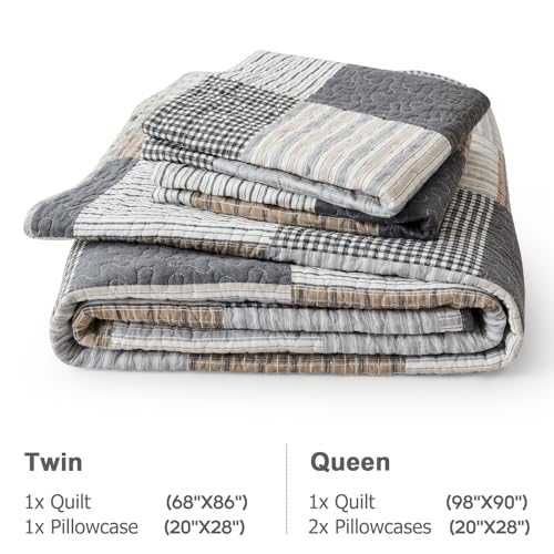 Image of Finlonte Twin Size Quilt Set - 100% Cotton Twin Size Comforter, Plaid Quilted Bedspread Farmhouse Country Bed Spread, Lightweight Reversible Quilt Bedding Set All-Season, Gray /Brown /Black /White, 3Pcs