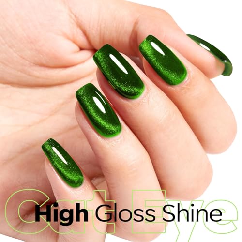 Image of modelones Cat Eye Gel Nail Polish Green Gel Polish Jelly Glass with Magnet Holographic Glitter Shimmer Translucent Sheer Color Magnetic Nail Polish Top Coat Salon DIY at Home 15 ML