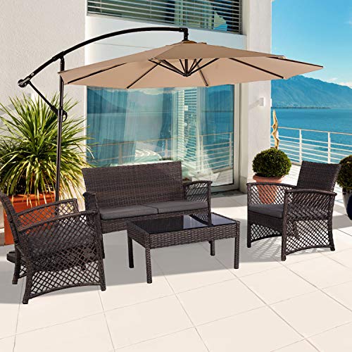 Image of Carry Bird 4 Piece PE Wicker Rattan Outdoor Furniture | 4 Seater Balcony Sofa With Tea Table | Set of 2+1+1 Outdoor Patio Chairs with Coffee Table | Sofa Sets & Center Table for Home & Garden | 3 Piece Patio Stools with Table | Indoor Patio Furniture Set Space Saving | Rattan Chair | Patio Set | Wicker Conversation Set | Poolside Lawn Arm Chairs Set For Balcony & Terrace | Balcony Table chair Set | Hotel Patio Seating Chair & Table Set with Glass | LightBrown Sofa Grey Cushion