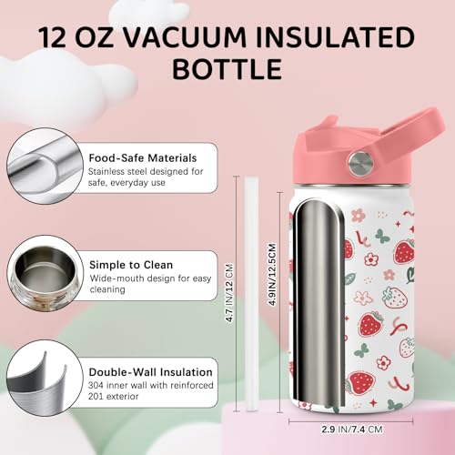 Image of Strawberry Water Bottle, Stainless Steel Insulated Tumbler with Straw Lid and Handle, 12oz Reusable Leak-proof Bottle for Sports