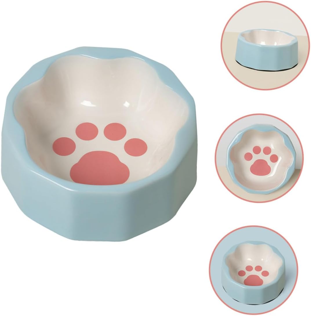 Ceramic Slanted Cat Food Bowl with Cute Animal Paw Print, Blue Small Pet Water Dish for Cats and Dogs, Tilted Raised Pet Feeder Suitable for Indoor Use