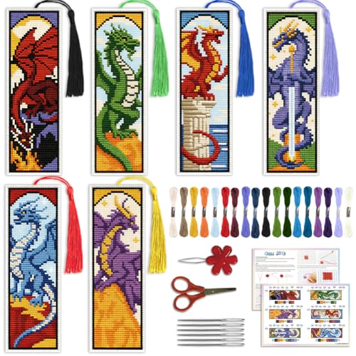 Image of ACRNIGHEET 6PCS Cross Stitch Bookmark Kit for Beginner Dragon Stamped Cross Stitch Kits Needlepoint Kit for Adults DIY Tassel Embroidery Bookmark Kits with Instructions Craft Gift 8.5''x3'' 11CT