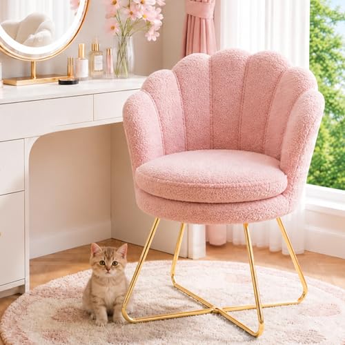 Hellove Chaise Coiffeuse, Chaise Coquillage Tissu Sherpa avec Pieds en Métal l'or, Fauteuil Salon Confortable, Fauteuil Lecture, Chair pour Salon, Chambre,...