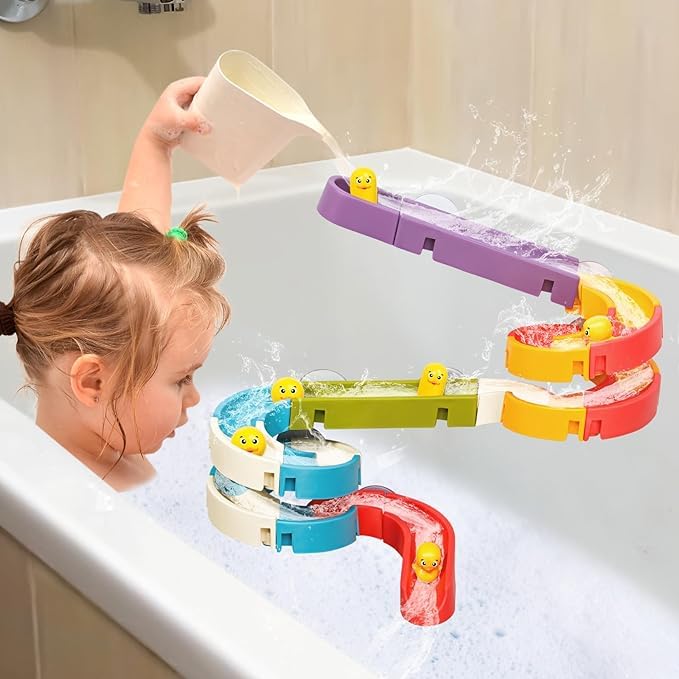 Image of Kidology Small Duck Slide Track Bath Toys, Bathtub Fun Construction Toy Game for Kids, Slide with Tiny Yellow Ducks (30 Pcs Set)