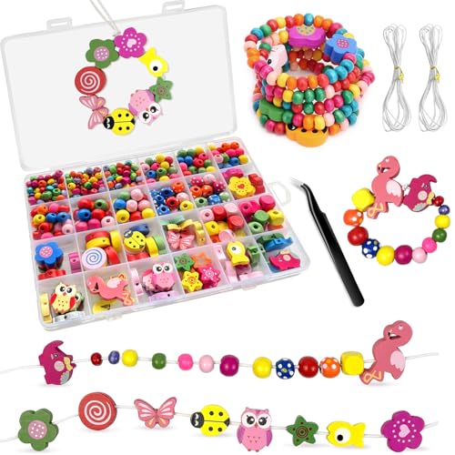 Redamancy Lot de 450 Perles en Bois Colorées, pour la Fabrication de Bracelets avec Trou pour Enfiler, avec Ficelle et Pince à épiler, pour Bracelets,...