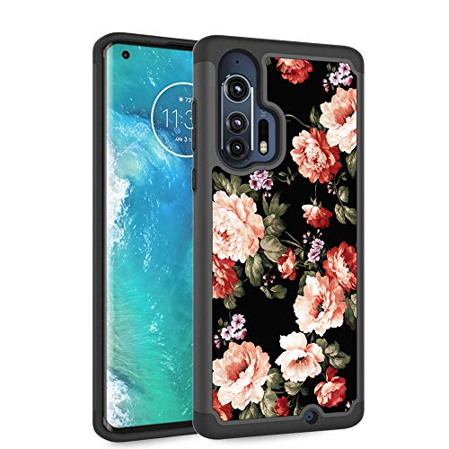 Ryphez for Moto Edge Plus Case,Case for Moto Edge+,[Dual Layer] [Heavy Duty][Shockproof] Hard PC+Flexible TPU Hybrid Case with Unique PU Pattern Design for Moto Edge Plus 6.7"/Moto Edge+ (Pink Flower)