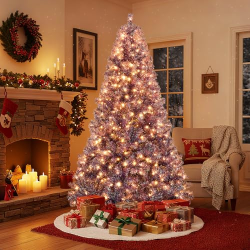 HAPPYGRILL 7.5 FT Pre-lit Tinsel Christmas Tree Artificial Xmas Tree with 550 LED Lights, 8 Modes, 1300 Deep Purple Branch Tips, Folding Metal Stand, Seasonal Holiday Tree for Home Office Party