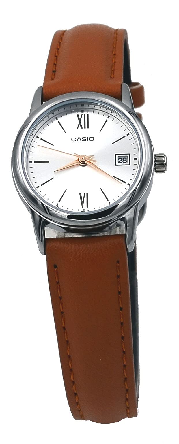 Casio LTP-V002L-7B3 Orologio analogico da donna standard con cinturino in pelle marrone quadrante argento con data