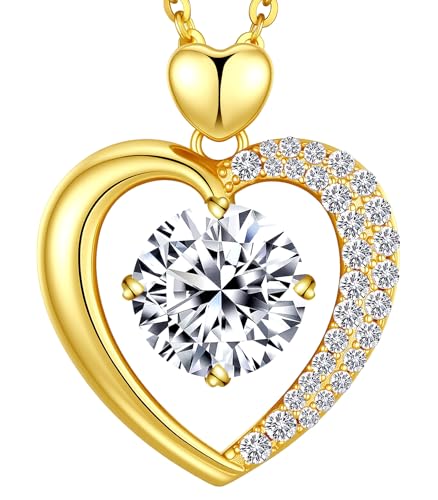 Beam & Bask 3 Ct Moissanite Heart Pendant Necklaces for Women Engraved with LOVE Sterling Silver Plated with 18K Gold Anniversary and Birthday Jewelry for Wife Girlfriend Mom or Her