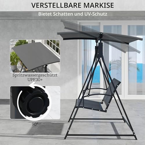 Outsunny Hollywoodschaukel für den Außenbereich, 2-Sitzer, Gartenschaukel, mit verstellbarem Sonnendach, UV-Schutz 30+, dreieckiges Gestell aus Metall, Belastung 220 kg, 160 x 112 x 162 cm, Dunkelgrau