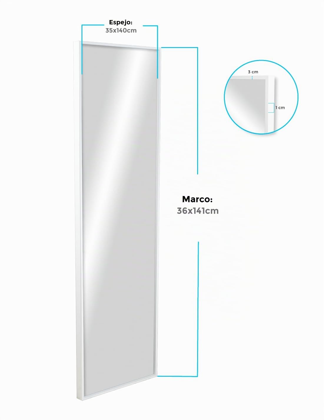 CHELY INTERMARKET MOD19200 Espejo De Pared Rectangular Blanco Estilo Moderno 35x140 cm Ideal para Baño Salón PVC Montaje Rápido con Kit De Colgar Incluido Fabricado En España