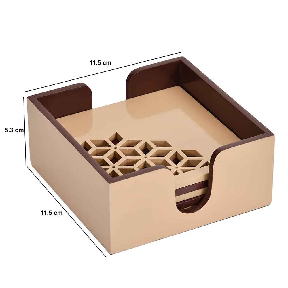 @home 6 Pcs Wooden Coasters for Cups Mugs Glasses Home Decor Office Coffee Bar Table Heat Resistant Pads Tabletop Protection Square Brown & Beige by Nilkamal 3