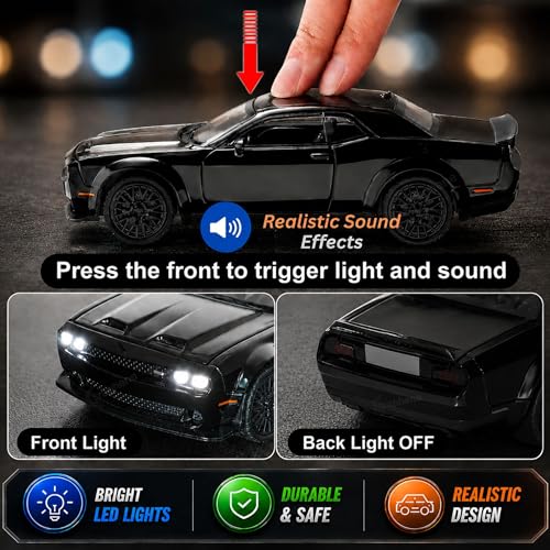 Image of GRAPHENE 1:32 Scale Metal Diecast Toy Car Black Challenger Muscle Sports Alloy Pull Back Car Toy with Music Openable Doors Light & Sound Miniature Action Racing Vehicle Gift for Kids Boys Girls Age+3